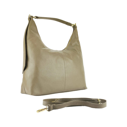 RB1017AQ | Soft women's shoulder bag in genuine leather Made in Italy with single handle and removable shoulder strap. Attachments with shiny gold metal snap hooks - Taupe color - Dimensions: 36 x 40 x 13 cm