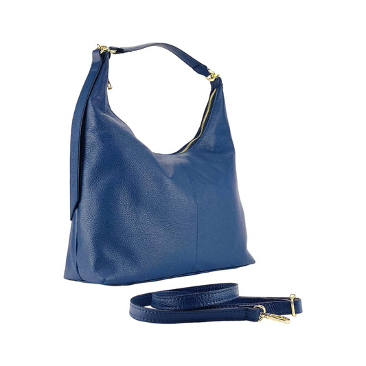 RB1017D | Soft women's shoulder bag in genuine leather Made in Italy with single handle and removable shoulder strap. Attachments with shiny gold metal snap hooks - Blue color - Dimensions: 36 x 40 x 13 cm