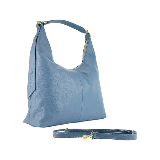 RB1017P | Soft women's shoulder bag in genuine leather Made in Italy with removable shoulder strap. Attachments with shiny gold metal snap hooks - Avio color - Dimensions: 36 x 40 x 13 cm