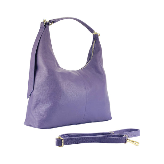 RB1017Y | Soft women's shoulder bag in genuine leather Made in Italy with removable shoulder strap. Attachments with shiny gold metal snap hooks - Purple color - Dimensions: 36 x 40 x 13 cm