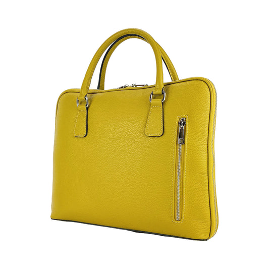 RB1019AR | Unisex Business Briefcase in Genuine Leather Made in Italy with removable shoulder strap. Attachments with shiny nickel metal snap hooks - Mustard color - Dimensions: 37 x 29 x 6.5 cm