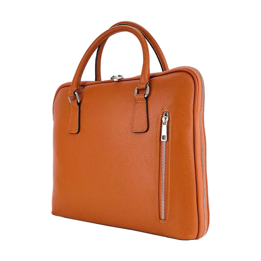 RB1019L | Unisex Business Briefcase in Genuine Leather Made in Italy with removable shoulder strap. Attachments with shiny nickel metal snap hooks - Orange color - Dimensions: 37 x 29 x 6.5 cm