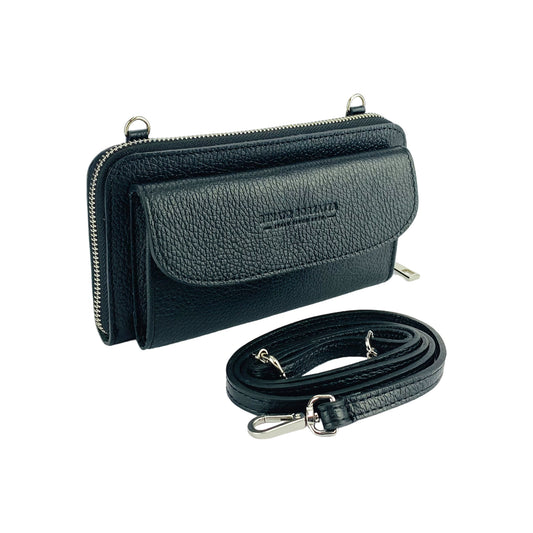 RB1020A | P/Fogli Woman with Made in Italy Genuine Leather mobile phone holder with removable shoulder strap. Attachments with shiny nickel metal snap hooks. Black colour. Dimensions: 19.5 x 11 x 5 cm