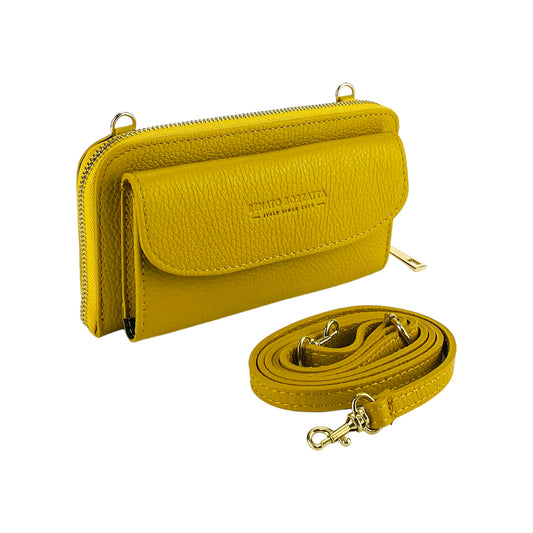 RB1020AR | P/Fogli Woman with Made in Italy Genuine Leather mobile phone holder with removable shoulder strap. Attachments with shiny nickel metal snap hooks. Mustard colour. Dimensions: 19.5 x 11 x 5 cm